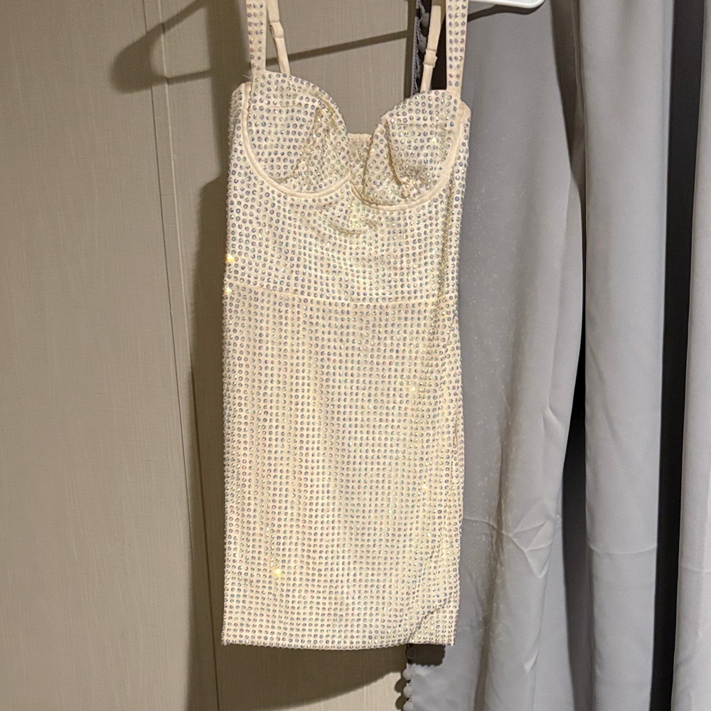 Oh Polly Cream Mini Dress with Gold Accents